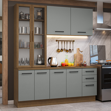 Cocina Compacta 190 cm 8 Puertas 3 Cajones con Cristalero Marrón/Gris Agata Madesa