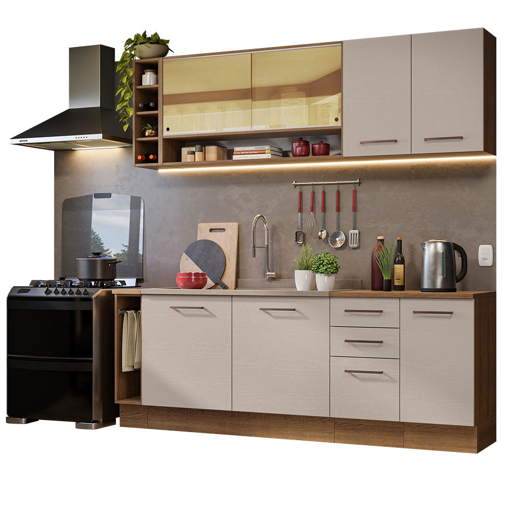 Kit Completo de Cocina 220 cm 7 Puertas 3 Cajones Sin Mesada Marrón/Crema Agata Madesa