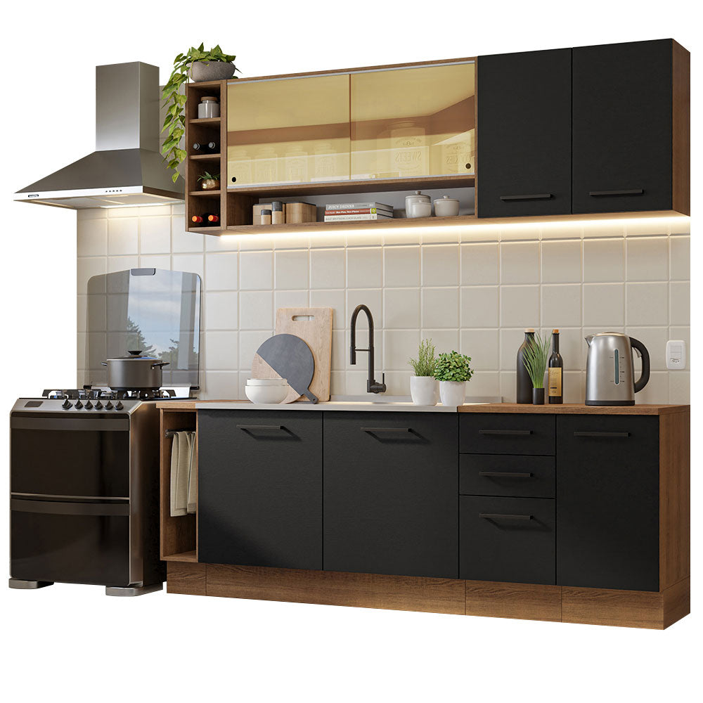 Kit Completo de Cocina 220 cm 7 Puertas 3 Cajones Sin Mesada Marrón/Negro Agata Madesa