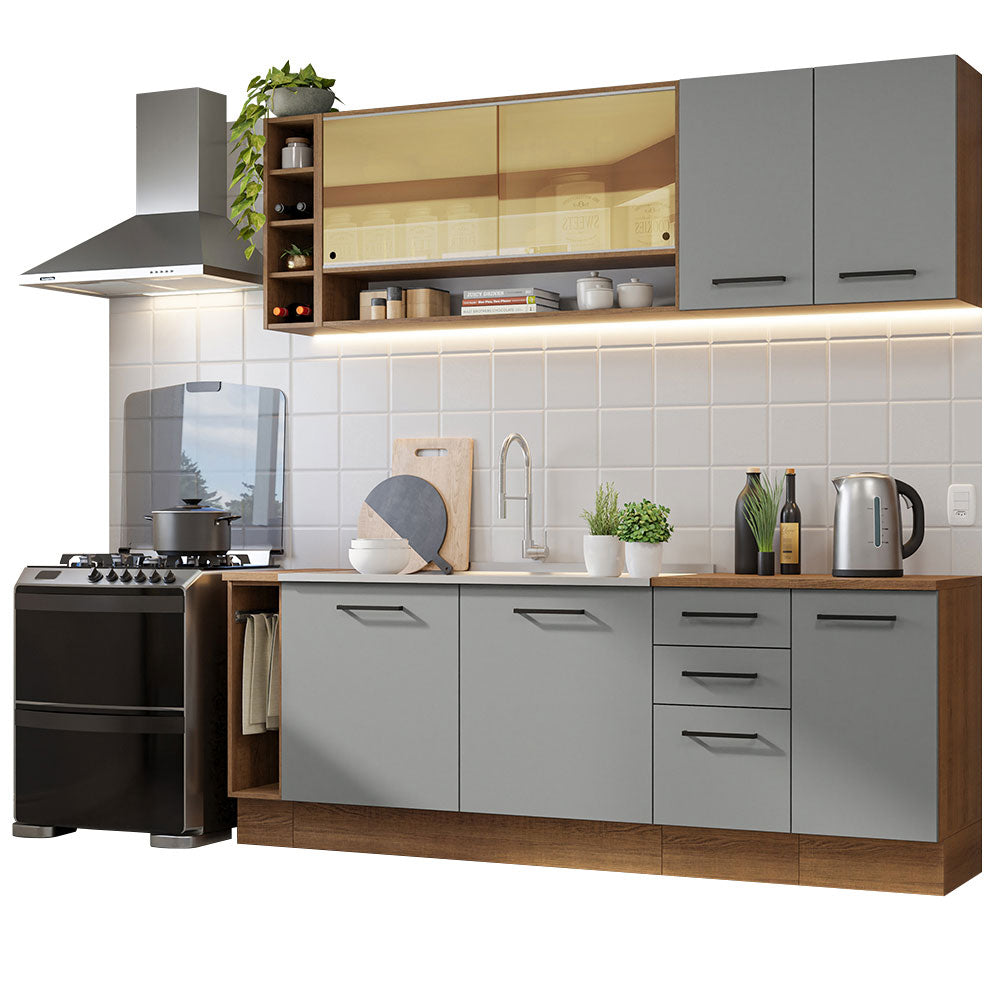 Kit Completo de Cocina 220 cm 7 Puertas 3 Cajones Sin Mesada Marrón/Gris Agata Madesa