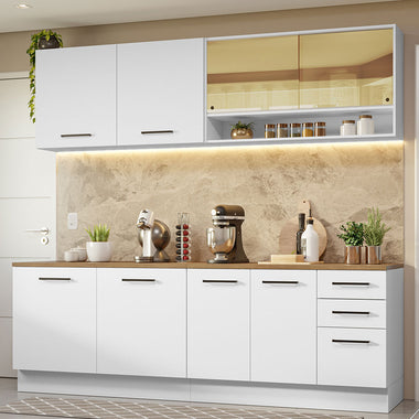 Combo completo de Cocina 240 cm 8 Puertas 3 Cajones Blanco/Marrón Agata Madesa