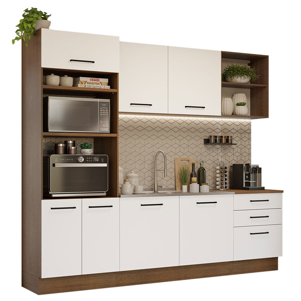 Combo completo de Cocina Agata 250 cm 7 Puertas 3 Cajones (Sin Mesada) Marrón/Blanco Madesa