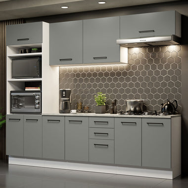 Combo completo de Cocina 270 cm 10 Puertas 3 Cajones Sin Mesada Blanco/Gris Agata Madesa