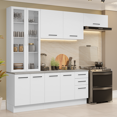 Combo completo de Cocina 270 cm 9 Puertas 3 Cajones con Cristalero Blanco Agata Madesa