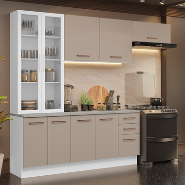 Combo completo de Cocina 270 cm 9 Puertas 3 Cajones con Cristalero Blanco/Crema Agata Madesa