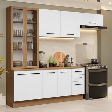 Combo completo de Cocina 270 cm 9 Puertas 3 Cajones con Cristalero Marrón/Blanco Agata Madesa