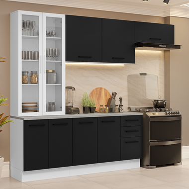 Combo completo de Cocina 270 cm 9 Puertas 3 Cajones con Cristalero Blanco/Negro Agata Madesa