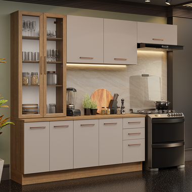 Combo completo de Cocina 270 cm 9 Puertas 3 Cajones con Cristalero Marrón/Crema Agata Madesa