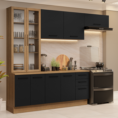 Combo completo de Cocina 270 cm 9 Puertas 3 Cajones Marrón/Negro Agata Madesa