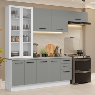 Combo completo de Cocina 270 cm 9 Puertas 3 Cajones con Cristalero Blanco/Gris Agata Madesa