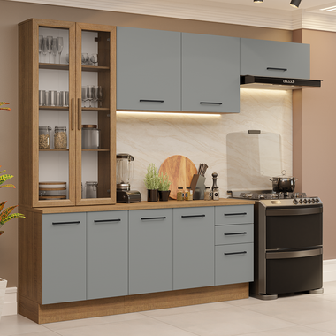 Combo completo de Cocina 270 cm 9 Puertas 3 Cajones Marrón/Gris Agata Madesa