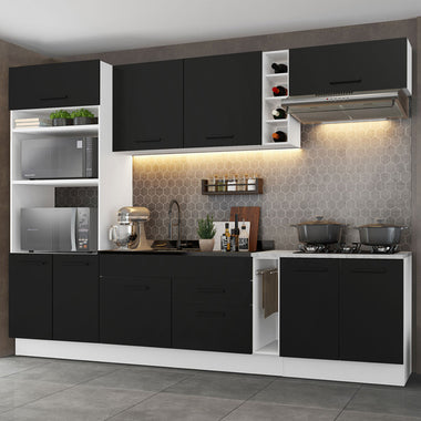 Combo completo de Cocina 290 cm 9 Puertas 2 Cajones Sin Mesada Blanco/Negro Agata Madesa