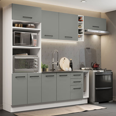 Combo completo de Cocina 290 cm 8 Puertas 3 Cajones Sin Mesada Blanco/Gris Agata Madesa