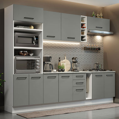 Combo completo de Cocina 290 cm 10 Puertas 3 Cajones Sin Mesada Blanco/Gris Agata Madesa