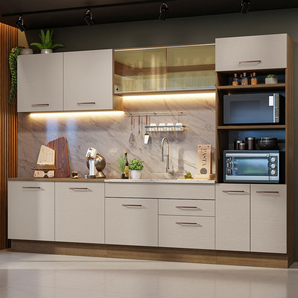 Combo completo de Cocina 310 cm 10 Puertas 2 Cajones Sin Mesada Marrón/Crema Agata Madesa