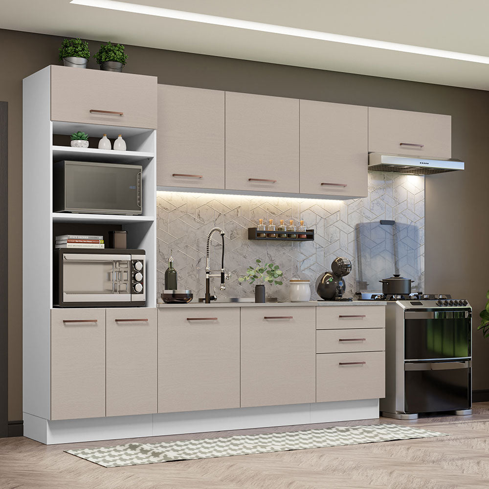 Combo completo de Cocina 330 cm 9 Puertas 3 Cajones Sin Mesada Blanco/Crema Agata Madesa