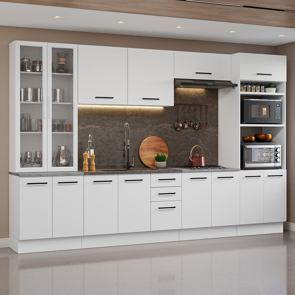 Combo completo de Cocina 340 cm 14 Puertas 3 Cajones con Cristalero Sin Mesada Blanco Agata Madesa