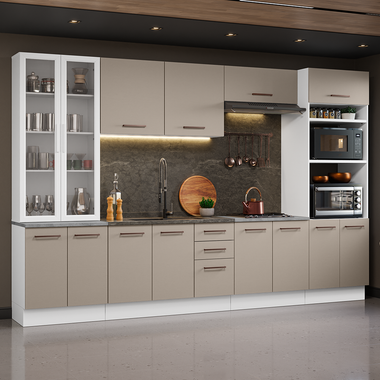 Combo completo de Cocina 340 cm 14 Puertas 3 Cajones con Cristalero Sin Mesada Blanco/Crema Agata Madesa