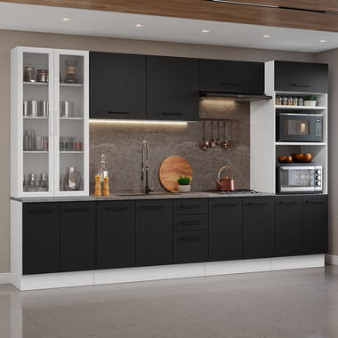 Combo completo de Cocina 340 cm 14 Puertas 3 Cajones con Cristalero Sin Mesada Blanco/Negro Agata Madesa