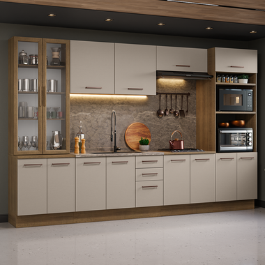Combo completo de Cocina 340 cm 14 Puertas 3 Cajones Sin Mesada Marrón/Crema Agata Madesa