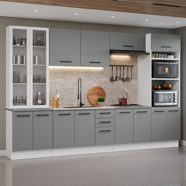 Combo completo de Cocina 340 cm 14 Puertas 3 Cajones con Cristalero Sin Mesada Blanco/Gris Agata Madesa