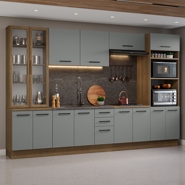 Combo completo de Cocina 340 cm 14 Puertas 3 Cajones Sin Mesada Marrón/Gris Agata Madesa