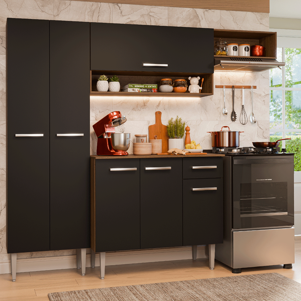 Combo Completo de Cocina 220 cm 6 Puertas 1 Cajón Marrón/Negro Deli Madesa