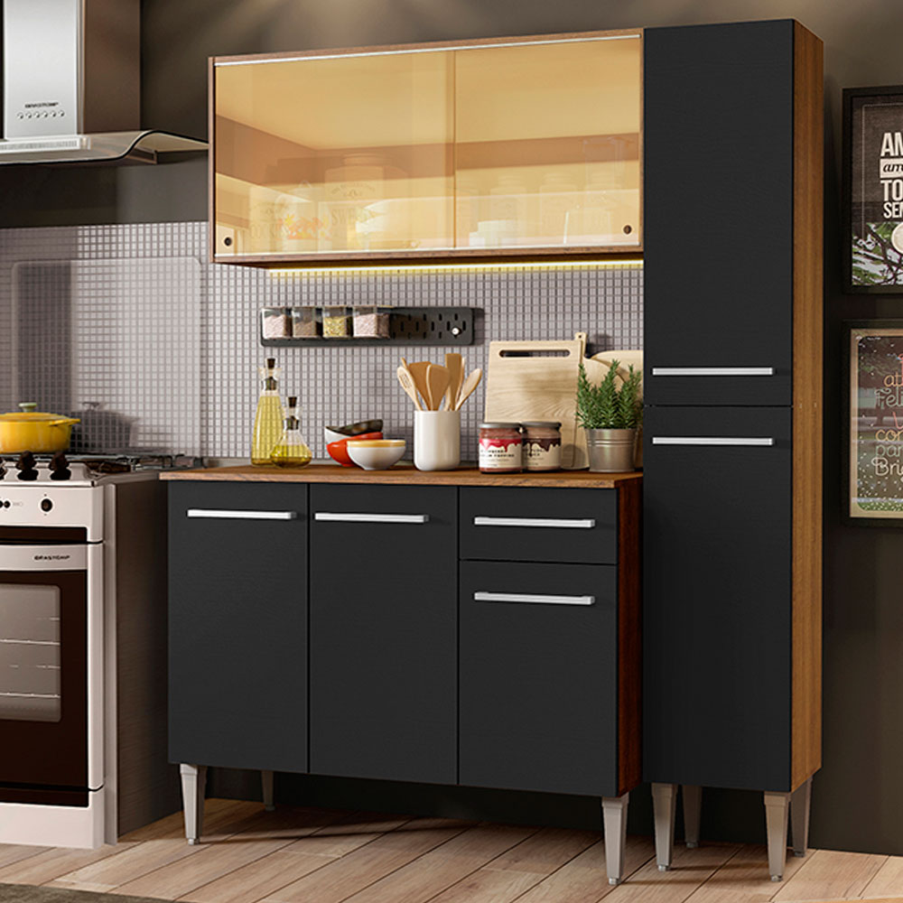 Cocina Compacta 137 cm 7 Puertas 1 Cajón Marrón/Negro Emilly Madesa