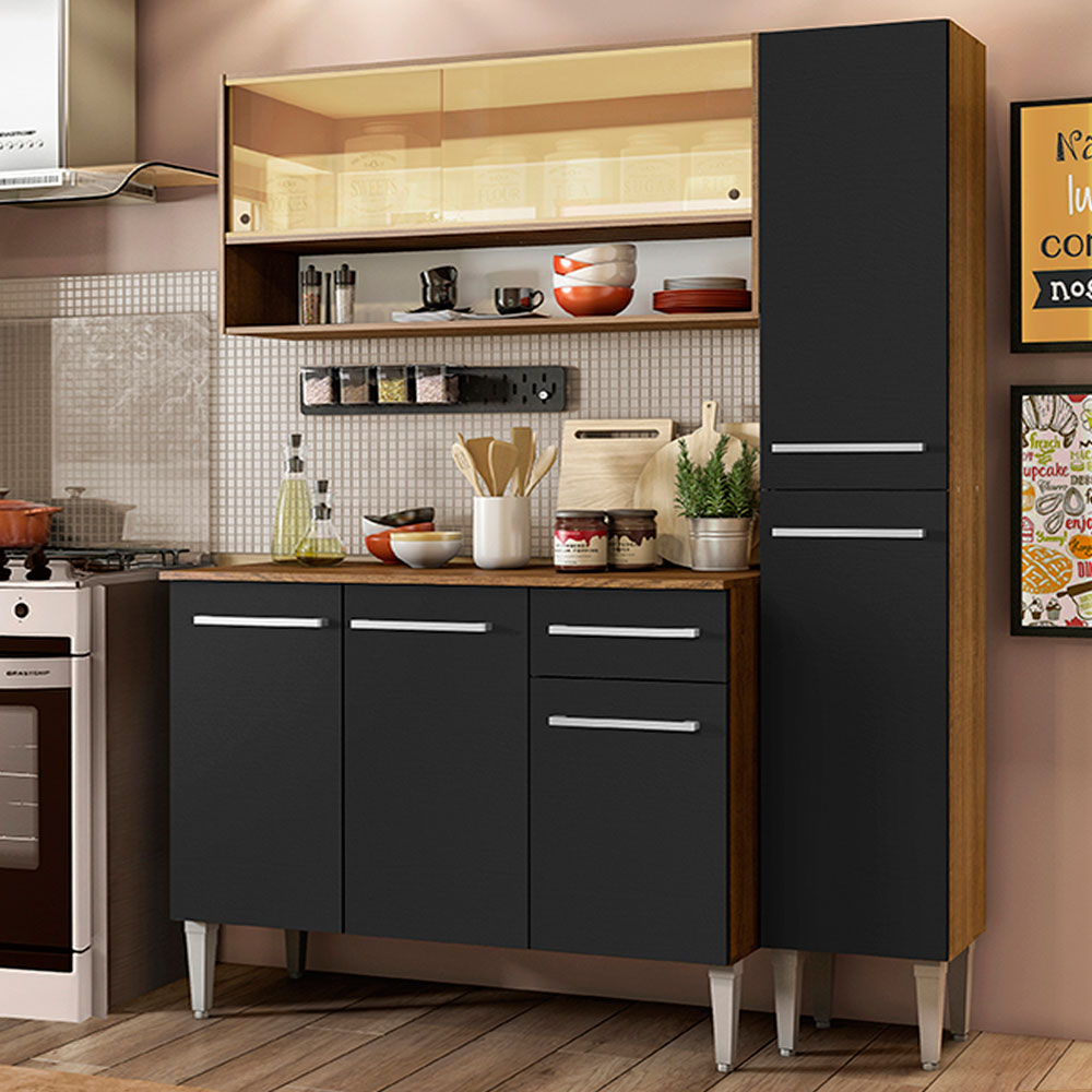 Cocina Compacta 137 cm 7 Puertas 1 Cajón Marrón/Negro Emilly Madesa