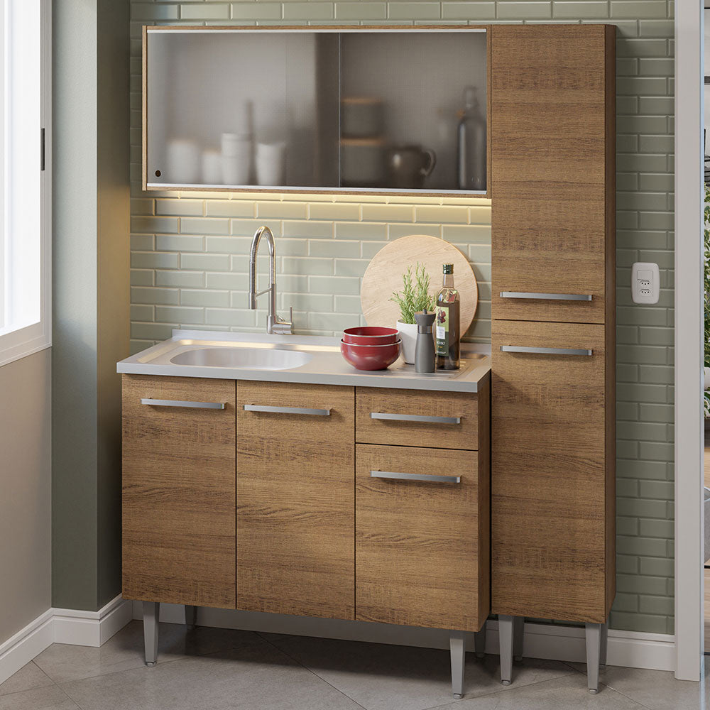 Combo completo de Cocina 137 cm con Bacha de acero, Marrón Emilly 07