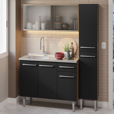 Cocina Compacta 137 cm 7 Puertas 1 Cajón con Bacha de Acero Inoxidable Marrón/Negro Emilly Madesa