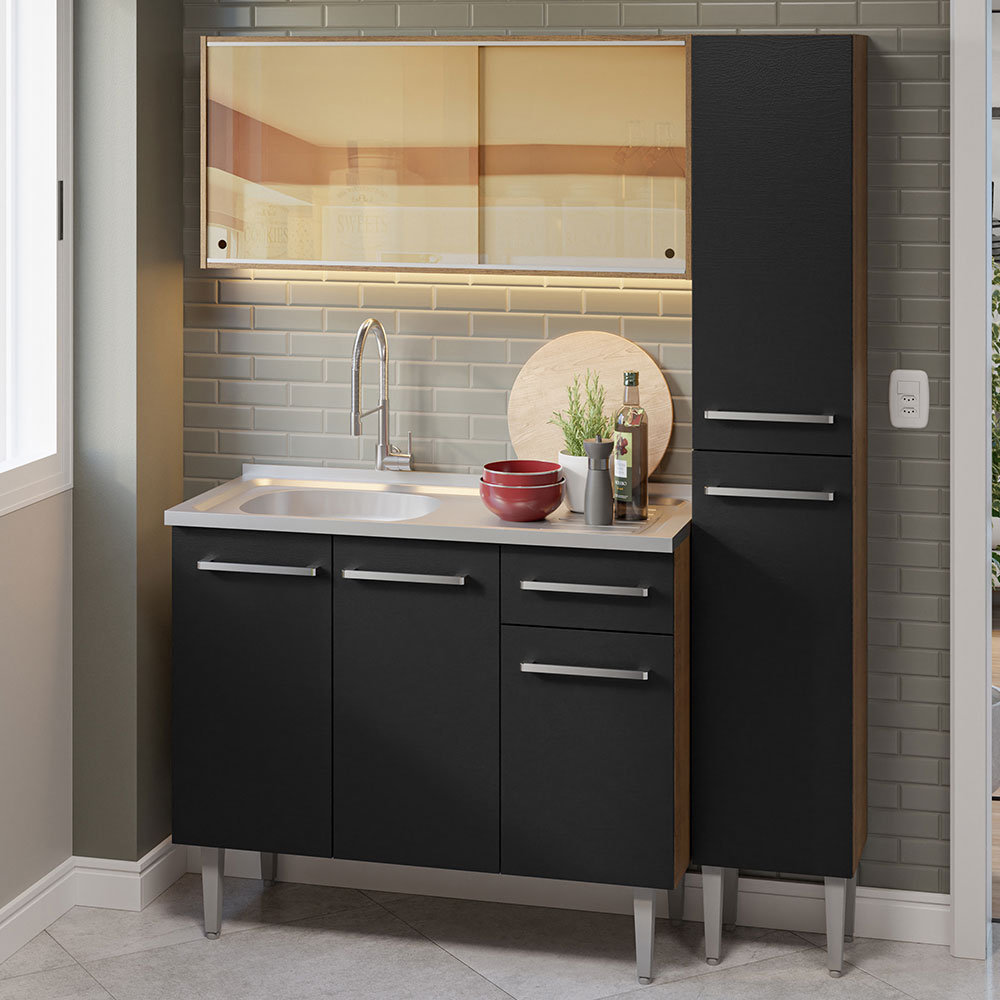 Combo completo de Cocina 137 cm con Bacha de acero, Marrón/Negro, Emilly 08