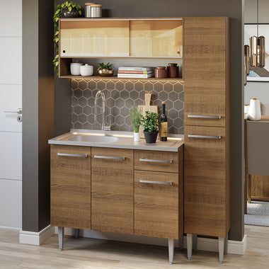 Cocina Compacta 137 cm 7 Puertas 1 Cajón con Bacha de Acero Inoxidable Marrón Emilly Madesa