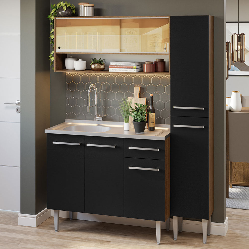 Combo completo de Cocina 137 cm con Bacha de acero, Marrón/Negro, Emilly 10