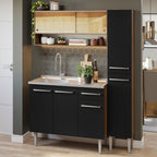 Cocina Compacta 137 cm 7 Puertas 1 Cajón con Bacha de Acero Inoxidable Marrón/Negro Emilly Madesa
