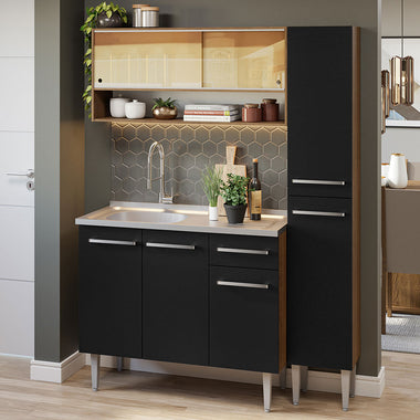 Cocina Compacta 137 cm 7 Puertas 1 Cajón con Bacha de Acero Inoxidable Marrón/Negro Emilly Madesa