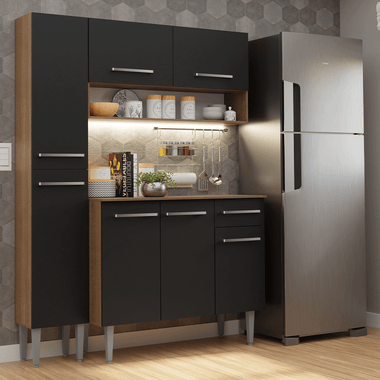 Cocina Compacta 137 cm 7 Puertas 1 Cajón Marrón/Negro Emilly Madesa