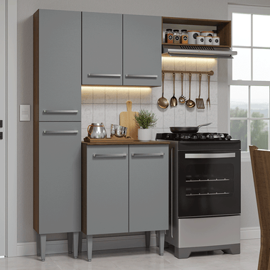 Cocina Compacta 156 cm 6 Puertas 1 Nicho Abierto Marrón/Gris Emilly Madesa