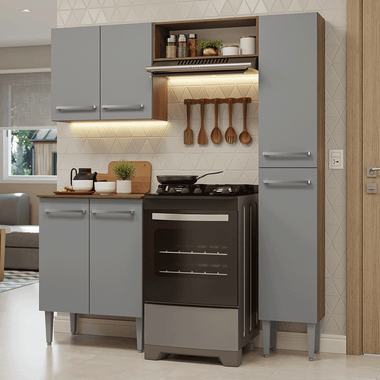Cocina Compacta 156 cm 6 Puertas 1 Nicho Abierto Marrón/Gris Emilly Madesa