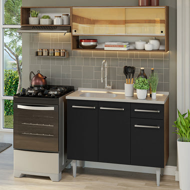Cocina Compacta 165 cm 5 Puertas 1 Cajón Marrón/Negro Emilly Madesa