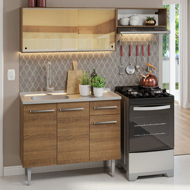 Cocina Compacta 165 cm 5 Puertas 1 Cajón con Bacha de Acero Inoxidable Marrón Emilly Madesa
