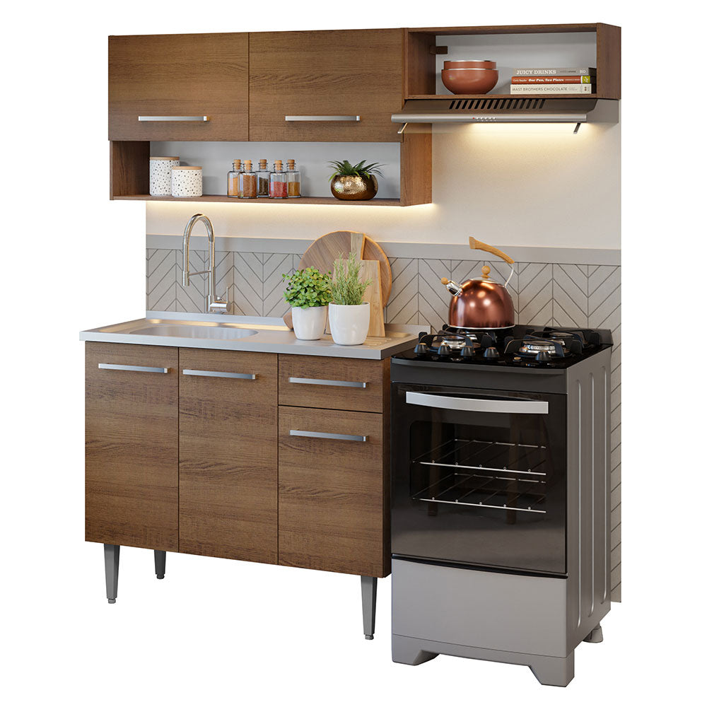 Cocina Compacta 165 cm 5 Puertas 1 Cajón con Bacha de Acero Inoxidable Marrón Emilly Madesa