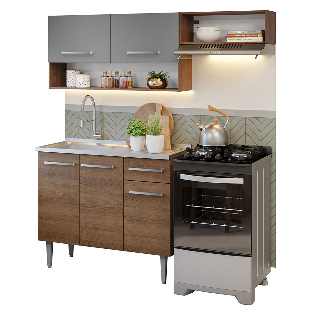 Cocina Compacta con Bacha 165 cm Emilly Marrón/Gris 09