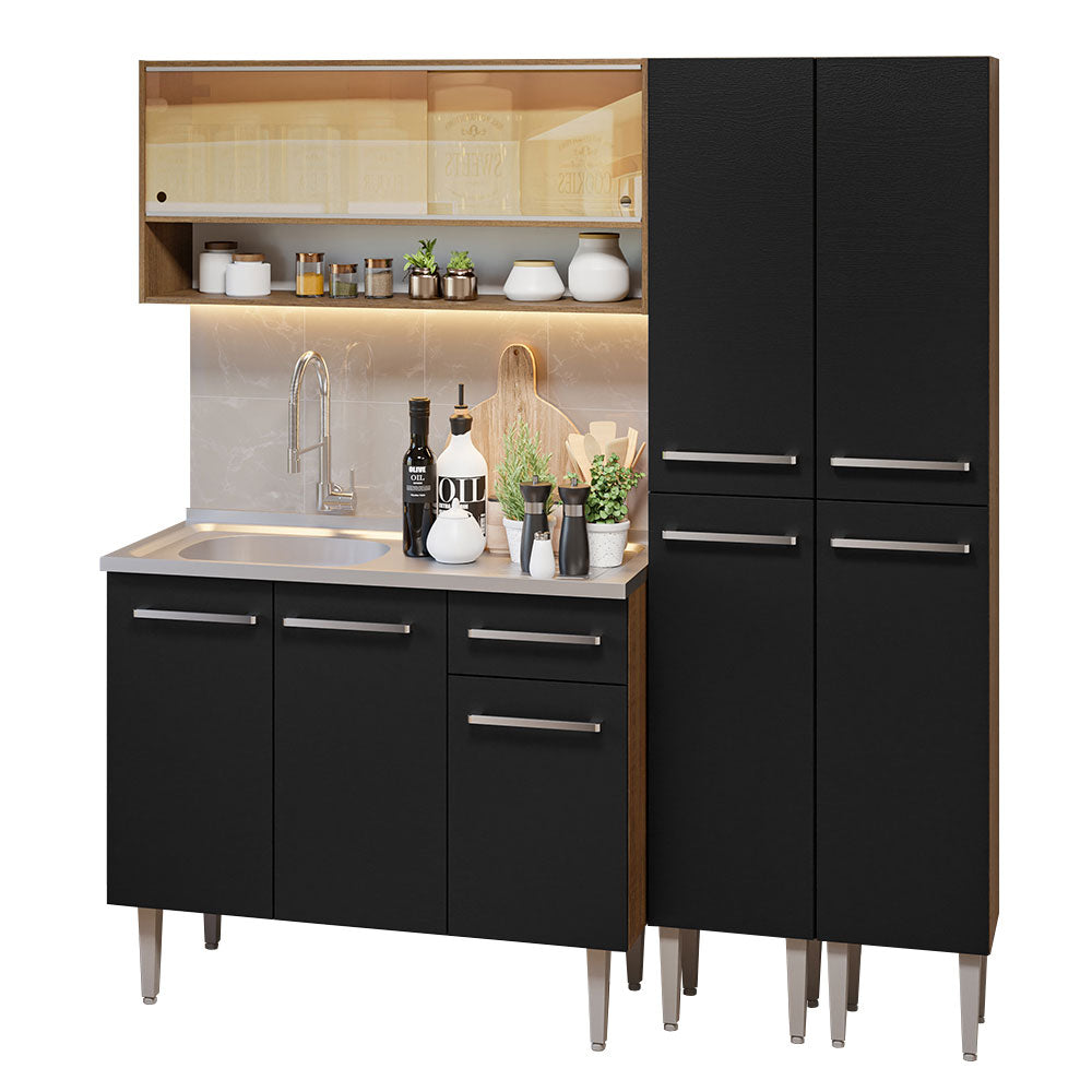 Cocina Compacta 169 cm 9 Puertas 1 Cajón con Bacha de Acero Inoxidable Marrón/Negro Emilly Madesa 14