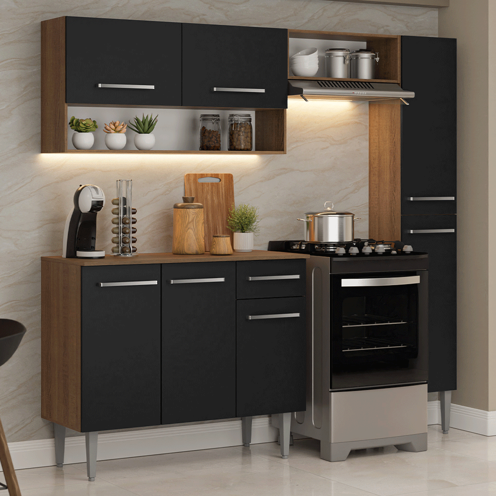 Cocina Compacta 197 cm 7 Puertas 1 Cajón Marrón/Negro Emilly Madesa