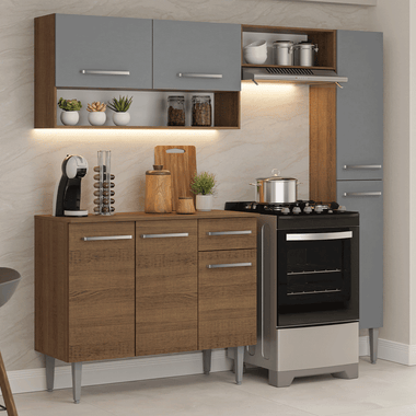 Cocina Compacta 197 cm 7 Puertas 1 Cajón Marrón/Gris Emilly Madesa