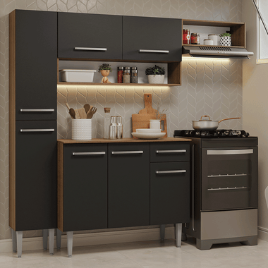 Cocina Compacta 197 cm 7 Puertas 1 Cajón Marrón/Negro Emilly Madesa