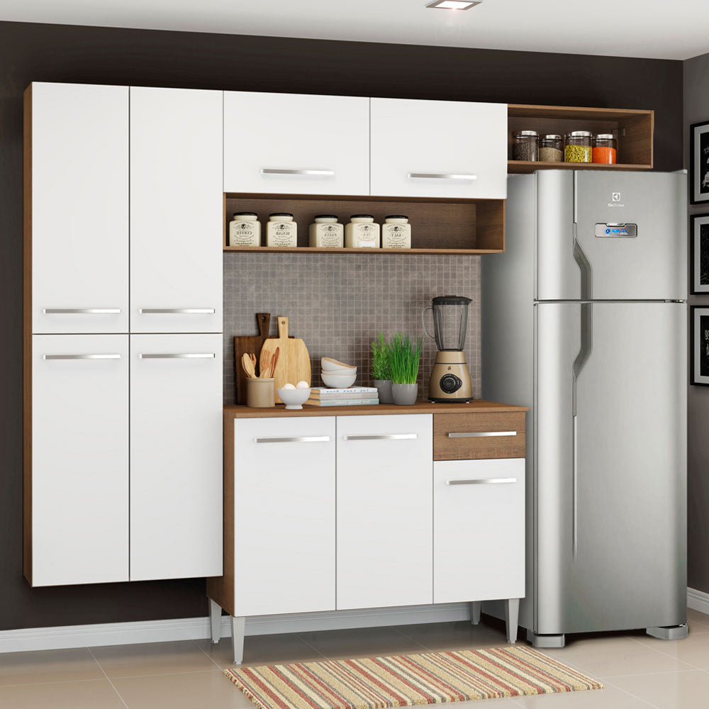 Combo completo de Cocina 229 cm 9 Puertas 1 Cajón Blanco/Marrón Emilly Madesa