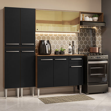 Combo completo de Cocina 229 cm 9 Puertas 1 Cajón Marrón/Negro Emilly Madesa