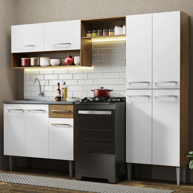 Combo completo de Cocina 229 cm 9 Puertas 1 Cajón con Bacha de Acero Inoxidable Marrón/Blanco Emilly Madesa